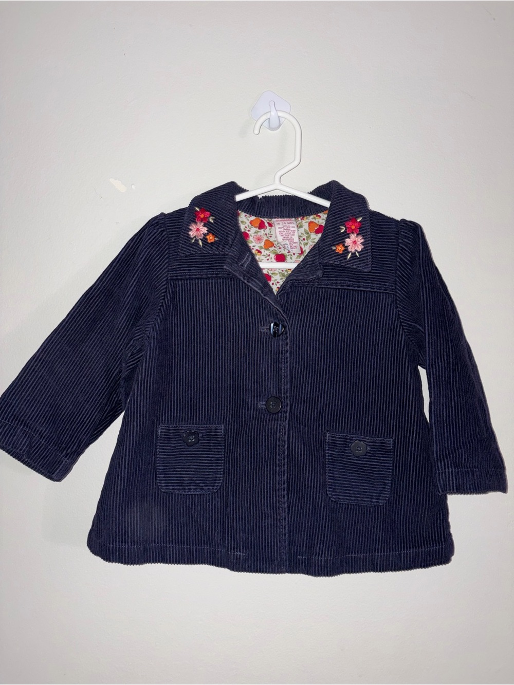 Vintage Gymboree Girls Navy Corduroy Jacket with Floral Collar Embroidery